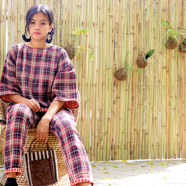 Kirgiti's ' Double Weave Organic Cotton Wine Checked Comfort Fit Top